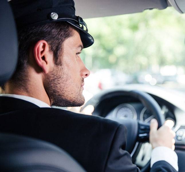 Limo driver looking at the right side in the limo for Limo rental services